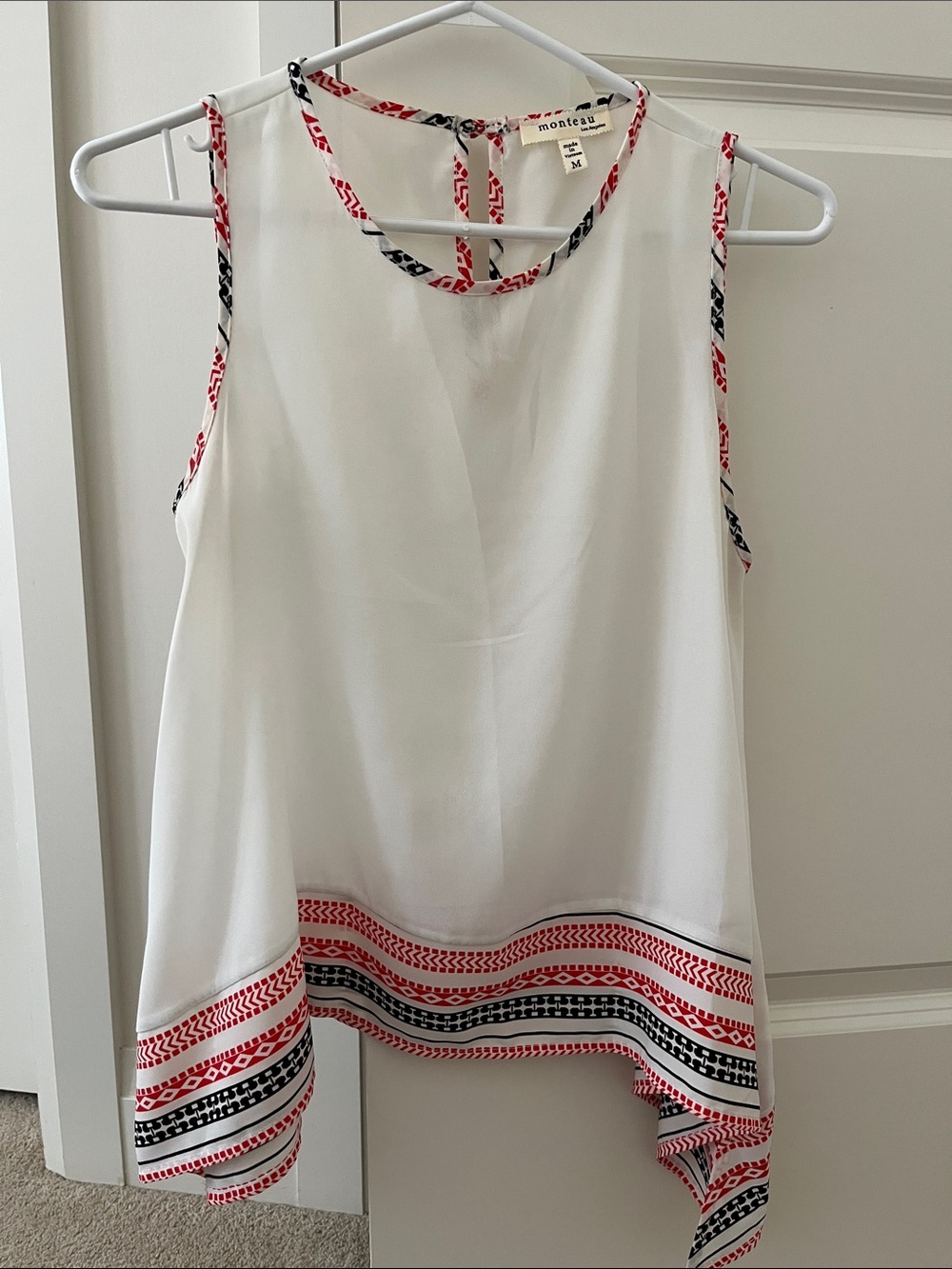 Monteau White Sleeveless Tank with Red & Black Trim